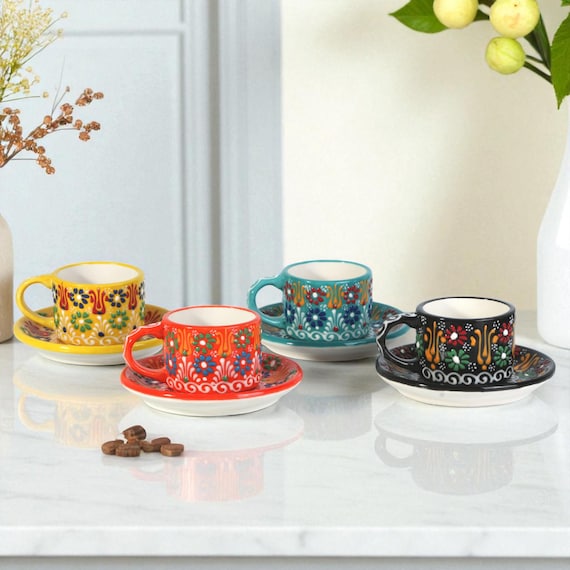 Ceramic Coffee Cups With Saucers, Turkish Coffee Cups, Espresso Cups Set,  Hand-painted Handle Coffee Mug, Ceramic Cups Gift for Coffee Lover - Etsy