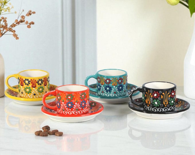Ceramic Coffee Cups with Saucers, Turkish Coffee Cups, Espresso Cups Set, Hand-Painted Handle Coffee Mug, Ceramic Cups Gift for Coffee Lover