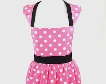 Pink and White Polka Dot Minnie Inspired Ladies Apron, MADE TO ORDER, Disney Fandom Apron, Gift for Disney fans, Kitchen Cosplay,  Hostess