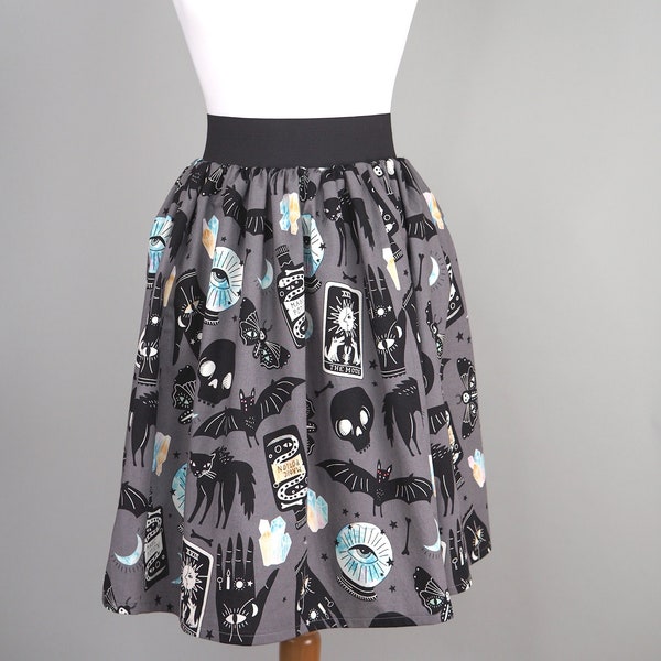 Witchy Grey Skirt, MADE TO ORDER,  Halloween Skirt with Pockets, Grey and Purple Skirt, Spoopy Skirt, Elastic Waistband Skirt