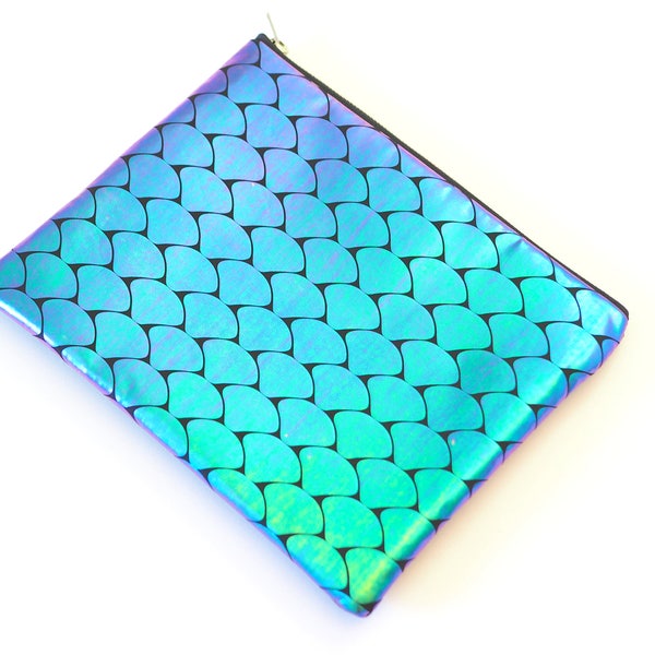 Mermaid Iridescent and Faux Leather Party Clutch - 8x10 with Metal Zipper - Makeup Bag / Pencil Bag