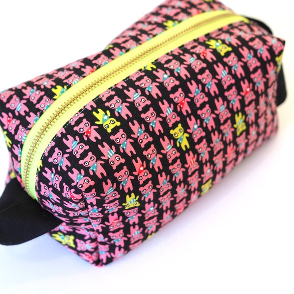 Pink Kawaii Bears LARGE Boxy Bag with Metal Zipper - Makeup Bag / Pencil Bag/Toiletry Bag