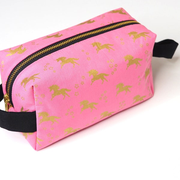 Gold Unicorns Metal Zipper LARGE Boxy Bag (Pink Fabric) - Toiletry Bag / Makeup Bag / Pencil Bag