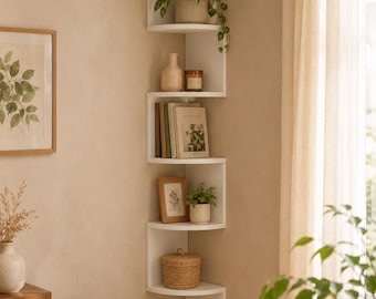 Eckregal Weiß oder Vintagebraun – Wandregal mit 5 Ablagen – Schwebendes Eckregal – Dekoregal für Wohnzimmer, Schlafzimmer & Büro