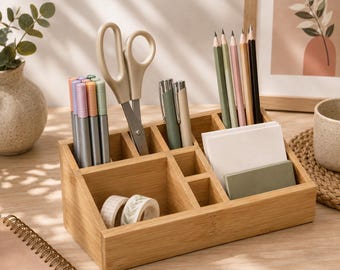 Bambus Schreibtisch Organizer mit Fächern – Stiftehalter & Büro Organizer | Aufbewahrung für Schreibtisch, Kosmetik und Home Office