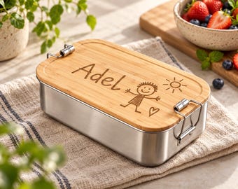 Personalisierte Holz Brotdose Kinder mit Namen | Edelstahl Lunchbox mit Bambusdeckel | Lunchbox mit Gravur | Geschenk