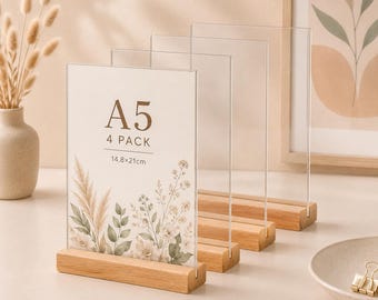 4er Set Acryl Aufsteller mit Holzfuß A5/A6 – Transparenter Tischaufsteller beidseitig | Menühalter, Preisschild & Kartenhalter