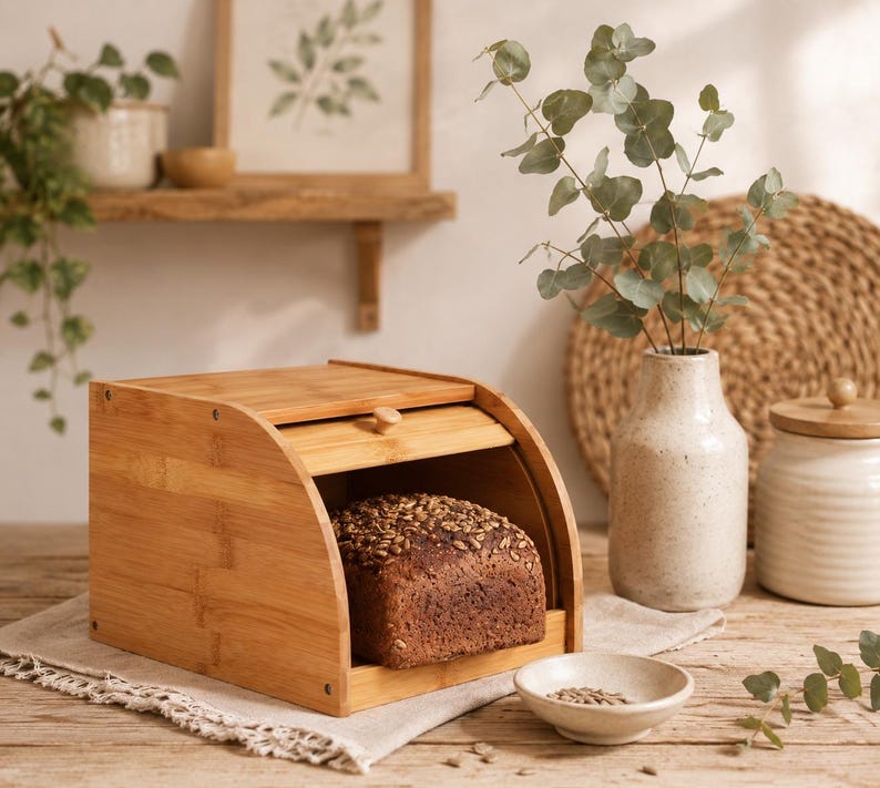 May include: A rectangular bamboo bread box with a roll-top lid and a small wooden knob. Inside the open bread box sits a loaf of dark, crusty bread topped with sunflower seeds. The bread box is constructed from light-colored, natural bamboo.