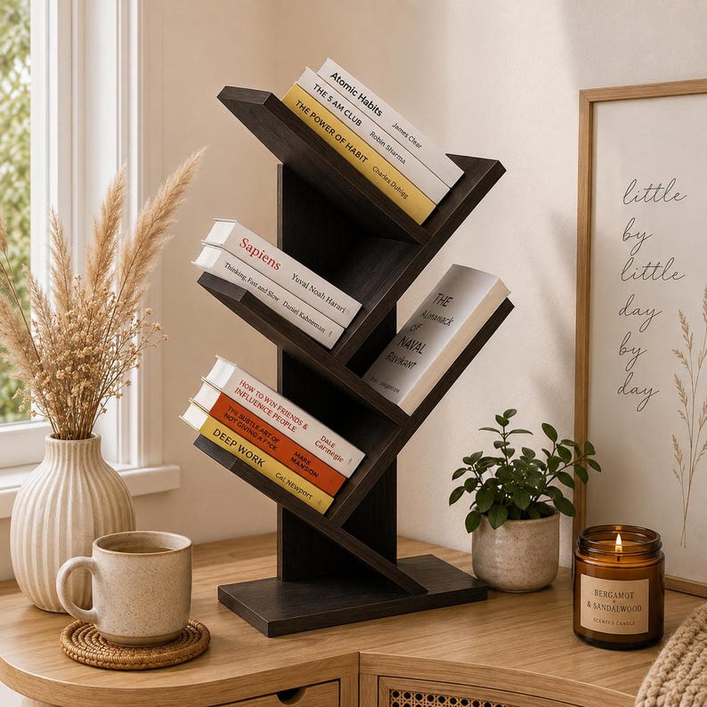 May include: A dark brown wooden tree-shaped bookshelf with multiple angled shelves holding various books including Atomic Habits, Sapiens, and Deep Work. The structure features a central vertical support with branches extending to hold books.