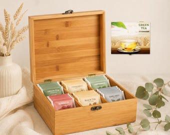 Bambus Teebox mit 6 Fächern – Teebeutel Organizer mit Deckel & Verschluss – Aufbewahrungsbox für Tee – Geschenkidee für Teeliebhaber