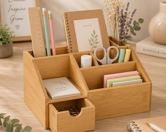 Schreibtisch Organizer Bambus mit Schublade – Büro Organizer, Stiftehalter, Schreibtisch Organizer Holz, Schreibtisch Ordnung, Home Office