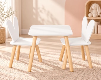 Kindersitzgruppe mit Tisch & 2 Hasenstühlen, Kindertisch Set Weiß Natur, Spieltisch Maltisch für Kinder, Kinderzimmer Möbel