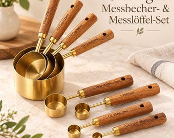 Messbecher Set Gold 8-teilig mit Holzgriffen, Messlöffel Set Küche, Measuring Cups Edelstahl, Backzubehör Geschenk Küche