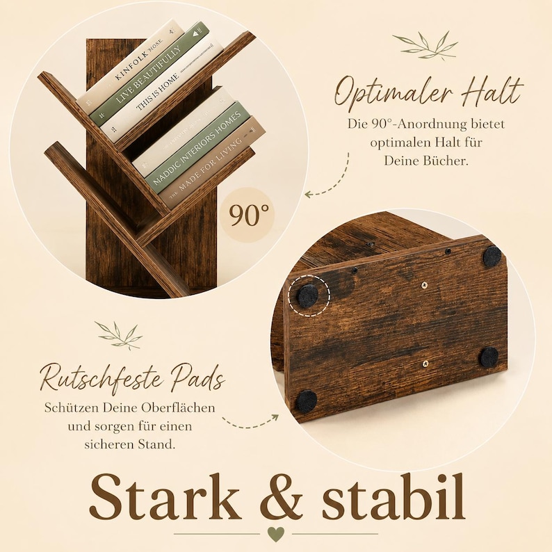 May include: A dark brown wood-grain bookshelf with angled shelves arranged at 90-degree angles to hold books. The base features four circular black non-slip pads for stability. The text on the image includes Optimaler Halt, 90, Rutschfeste Pads, and Stark & stabil.