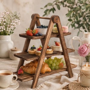 3-stufige Holz Etagere – Servierständer für Obst, Kuchen, Gebäck & Snacks – Rustikaler Buffetständer aus Holz