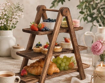 3-stufige Holz Etagere – Servierständer für Obst, Kuchen, Gebäck & Snacks – Rustikaler Buffetständer aus Holz