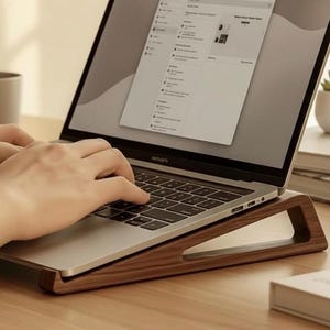 Könnte beinhalten: Ein silberner Laptop auf einem dunkelbraunen Holzständer mit dreieckigem Ausschnitt. Der Laptop ist aufgeklappt und zeigt eine Software-Oberfläche auf dem Bildschirm, wobei die Tastatur in einem ergonomischen Winkel zum Tippen steht.