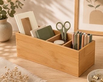 Bambus Organizer mit 4 Fächern – Kosmetik Organizer für Pinsel & Make-up | Schreibtisch Organizer, Aufbewahrung für Bad | Bureau