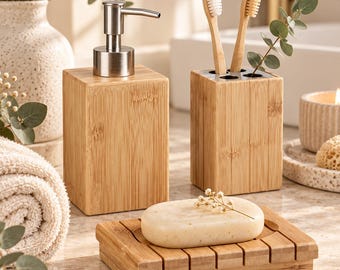 Bambus Badezimmer Set | Seifenspender, Zahnbürstenhalter | Seifenschale | Bad Accessoires Holz | Minimalistic Bad Set