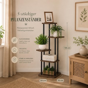 May include: A five-tier plant stand with a dark wood finish and black metal supports. The structure features multiple shelves for displaying plants and decor, with a total height of 106 cm and a base width of 30 cm by 30 cm. It includes a picture frame on the top shelf and books on a lower shelf.