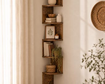 Eck-Wandregal mit 5 Ablagen – Schwebendes Wandregal aus Holz, Dekoregal für Wohnzimmer & Schlafzimmer, Eckregal für Büro und Zuhause
