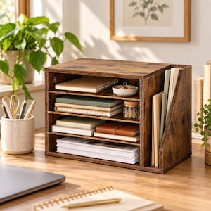 Könnte beinhalten: Ein Schreibtisch-Organizer in dunkelbrauner Holzoptik mit vier horizontalen Ablagen für Notizbücher und Papiere sowie einem vertikalen Seitenfach für Ordner. Das Regal enthält verschiedene Notizbücher, eine kleine Schale und ein Glasgefäß.