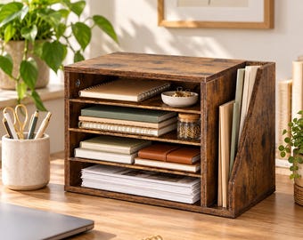 Schreibtisch Organizer in Holzoptik – Dokumentenablage mit 4 Fächern & seitlichem Fach – Büro Organizer für Papier, Ordner\ Unterlagen