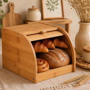 May include: A light brown bamboo bread box with a roll-top lid and a small wooden knob. Inside the box, there is a large round loaf of bread, two golden-brown croissants, and a spiral pastry. The bread box has a smooth finish and visible grain.