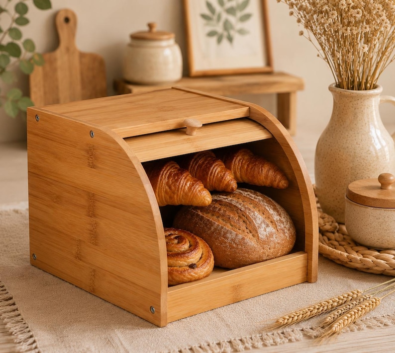 May include: A light brown bamboo bread box with a roll-top lid and a small wooden knob. Inside the box, there is a large round loaf of bread, two golden-brown croissants, and a spiral pastry. The bread box has a smooth finish and visible grain.