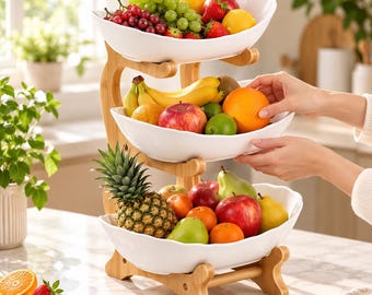3-stufige Obstschale mit Bambusständer – Etagere für Obst & Gemüse – Platzsparender Küchen Organizer – Natur