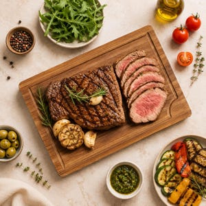 May include: A rectangular wooden cutting board holds a grilled steak, sliced portions of medium-rare beef, roasted garlic cloves, and fresh rosemary sprigs. Nearby are bowls of arugula, green olives, and pesto, plus grilled vegetables and tomatoes.