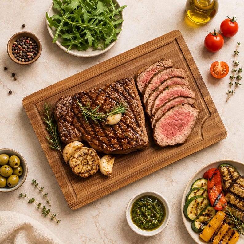 May include: A rectangular wooden cutting board holds a grilled steak, sliced portions of medium-rare beef, roasted garlic cloves, and fresh rosemary sprigs. Nearby are bowls of arugula, green olives, and pesto, plus grilled vegetables and tomatoes.