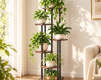 6-stöckiger Pflanzenständer – Blumenregal für Wohnzimmer | Balkon – Vintage Braun/Schwarz oder Weiß – Eckregal für Pflanzen & Deko