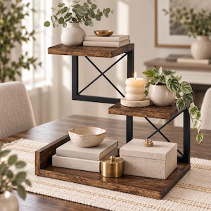 Könnte beinhalten: Ein Etagenständer mit dunkelbraunen Holzregalen und einem schwarzen Metallrahmen mit X-förmigen Stützen. Der Ständer enthält eine weiße Vase mit Grünpflanzen, eine kleine goldene Schale, eine cremefarbene Kerze, einen gesprenkelten Pflanztopf, Bücher und einen goldenen Behälter.