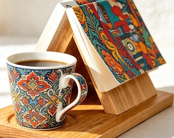 Holz Buchständer mit Tassenablage – faltbare Buchhalterung & Bookmark Funktion, Leseständer für Bett, Nachttisch