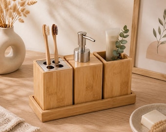 Bambus Bad Organizer Set 3-teilig – Seifenspender, Zahnbürstenhalter & Aufbewahrungsbecher | Badezimmer Accessoires aus Bambus