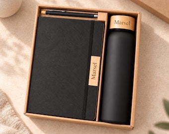 Personalisiertes Geschenkset mit Gravur | Mitarbeitergeschenk Firmengeschenk | Notizbuch, Trinkflasche & Kugelschreiber | Geschenk Bureau