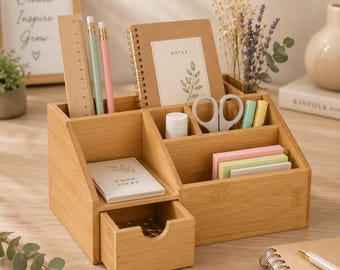 Schreibtisch Organizer Bambus mit Schublade – Büro Organizer, Stiftehalter, Schreibtisch Organizer Holz, Schreibtisch Ordnung, Home Office