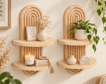 2er Set Wandregal Holz 35 cm – Boho Wandregal mit 2 Ablagen, decoratives Holzregal für Wohnzimmer, Schlafzimmer & Flur