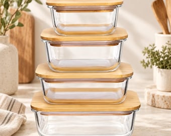 4er Set Glas Lunchbox mit Bambusdeckel – Meal Prep Box, Brotdose für Schule & Arbeit, Frischhaltedosen aus Glas