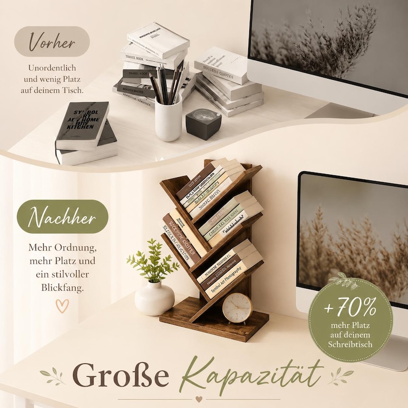 May include: A dark brown wooden tree-shaped bookshelf with multiple angled shelves holding several books. The unit sits on a desk next to a small white potted plant and a round analog clock. The image includes text labels Vorher, Nachher, and Gro&szlig;e Kapazit&auml;t.