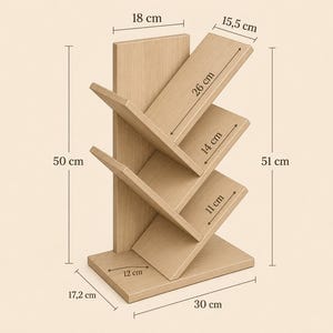 May include: A light wood bookshelf with a vertical back panel and four angled shelves. Dimensions are 50 cm high, 30 cm wide, and 17.2 cm deep. The shelves measure 26 cm, 14 cm, and 11 cm in length, with a 12 cm base and 18 cm by 15.5 cm top section.