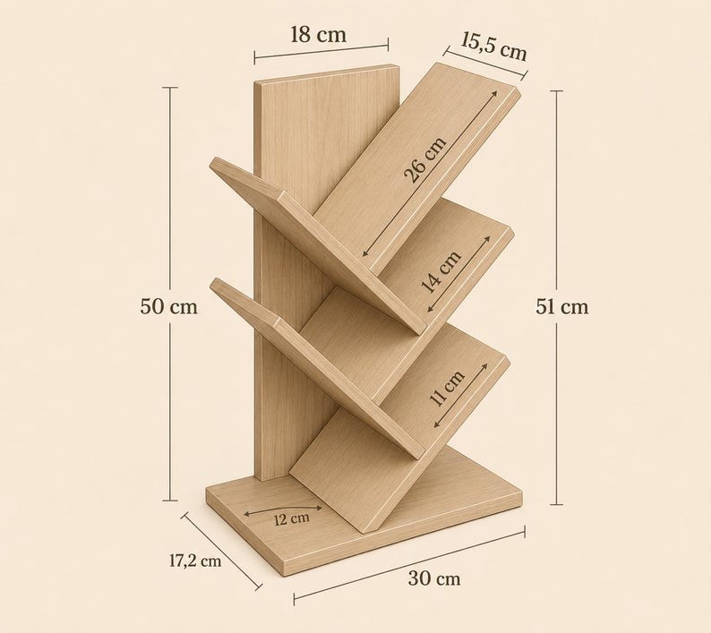 May include: A light wood bookshelf with a vertical back panel and four angled shelves. Dimensions are 50 cm high, 30 cm wide, and 17.2 cm deep. The shelves measure 26 cm, 14 cm, and 11 cm in length, with a 12 cm base and 18 cm by 15.5 cm top section.
