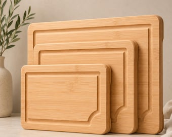 Schneidebrett Set Bambus 3er Set | Holz Schneidebrett mit Saftrille | Küchenbrett Frühstücksbrett Servierbrett Hackbrett Geschenk