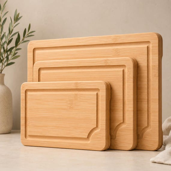 Schneidebrett Set Bambus 3er Set | Holz Schneidebrett mit Saftrille | Küchenbrett Frühstücksbrett Servierbrett Hackbrett Geschenk