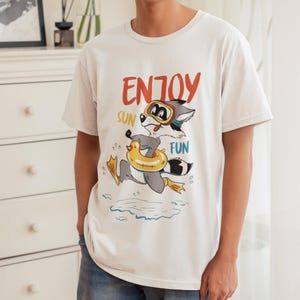 Komfort Hund Schwimmen Unisex Schwere Baumwolle T-Shirt, Cooler Sommer Beachwear T-Shirt, Lässiger StreetWear Style, lustiges Cartoon Grafik T-Shirt, Geschenk für Teenager