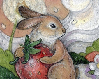 Rabbit and Strawberry Art Card by Lisa Ferguson