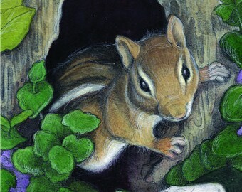 Chipmunk and Trilliums by Lisa Ferguson...Blank art card....animal art...canadian artist
