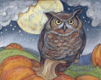 Owl in Pumpkin Patch....Blank Greeting Card....Autumn Art