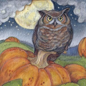 Hibou en citrouille... Carte de voeux vierge... Art automne